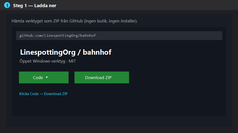 Skärmbild: ladda ner ZIP från GitHub — Code och Download ZIP